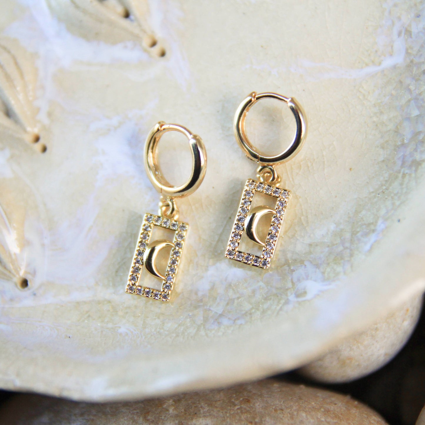 Rectangle Moon Cubic Zirconia Huggie Earrings
