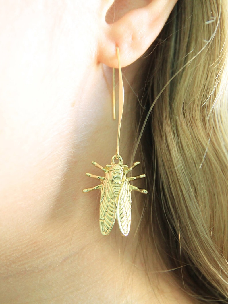 Long Golden Cicada Earrings