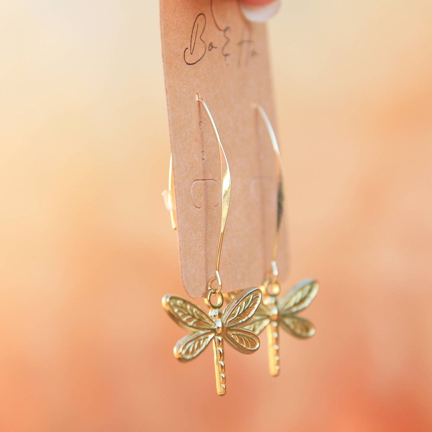 Gold Dragonfly Earrings on Long Earwires