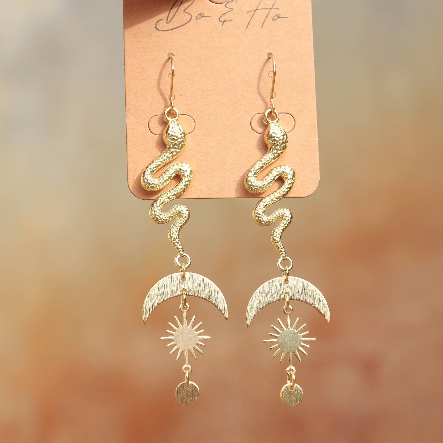 Gold Celestial Snake Earrings with Sun, Moons