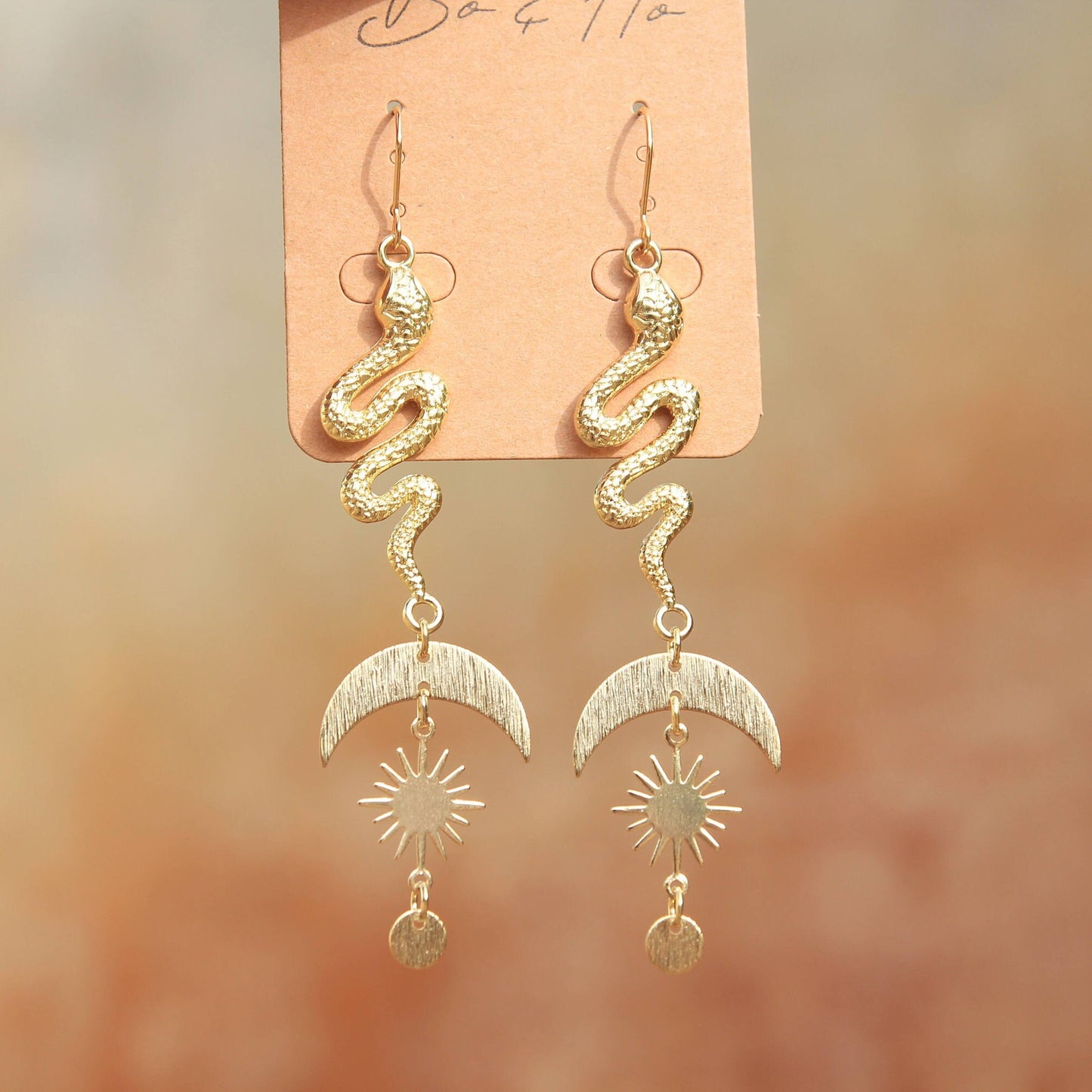 Gold Celestial Snake Earrings with Sun, Moons