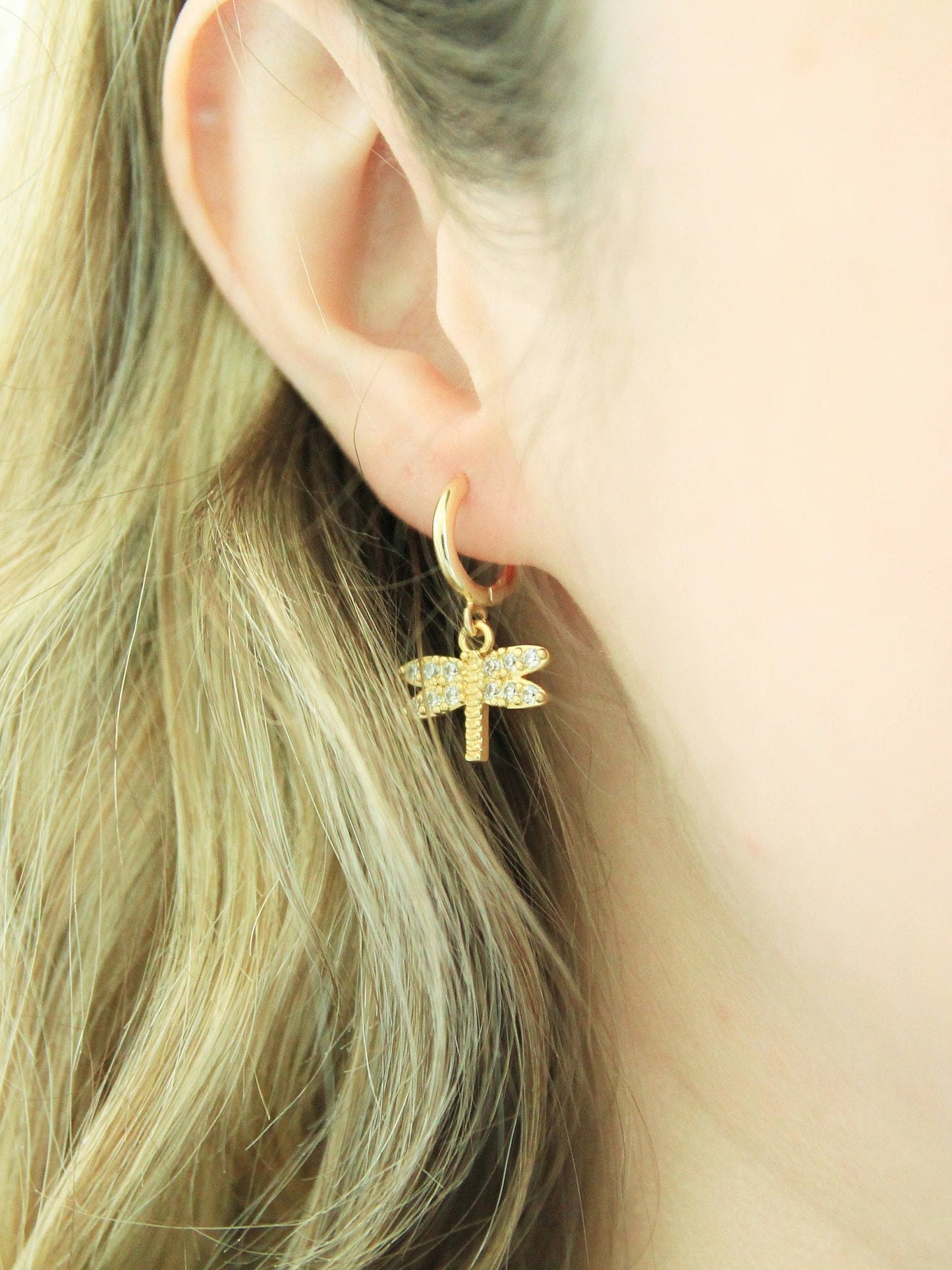 Gold Dragonfly Insect Earrings