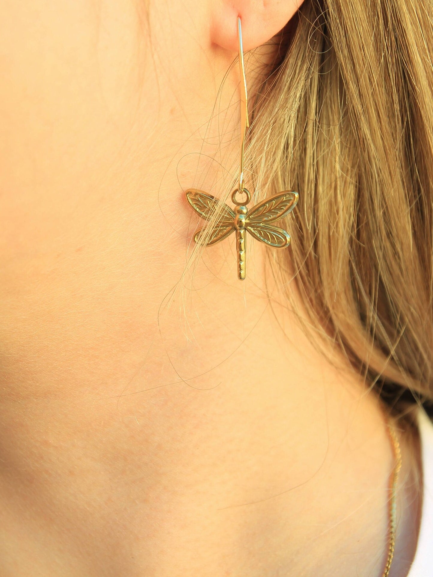 Gold Dragonfly Earrings on Long Earwires