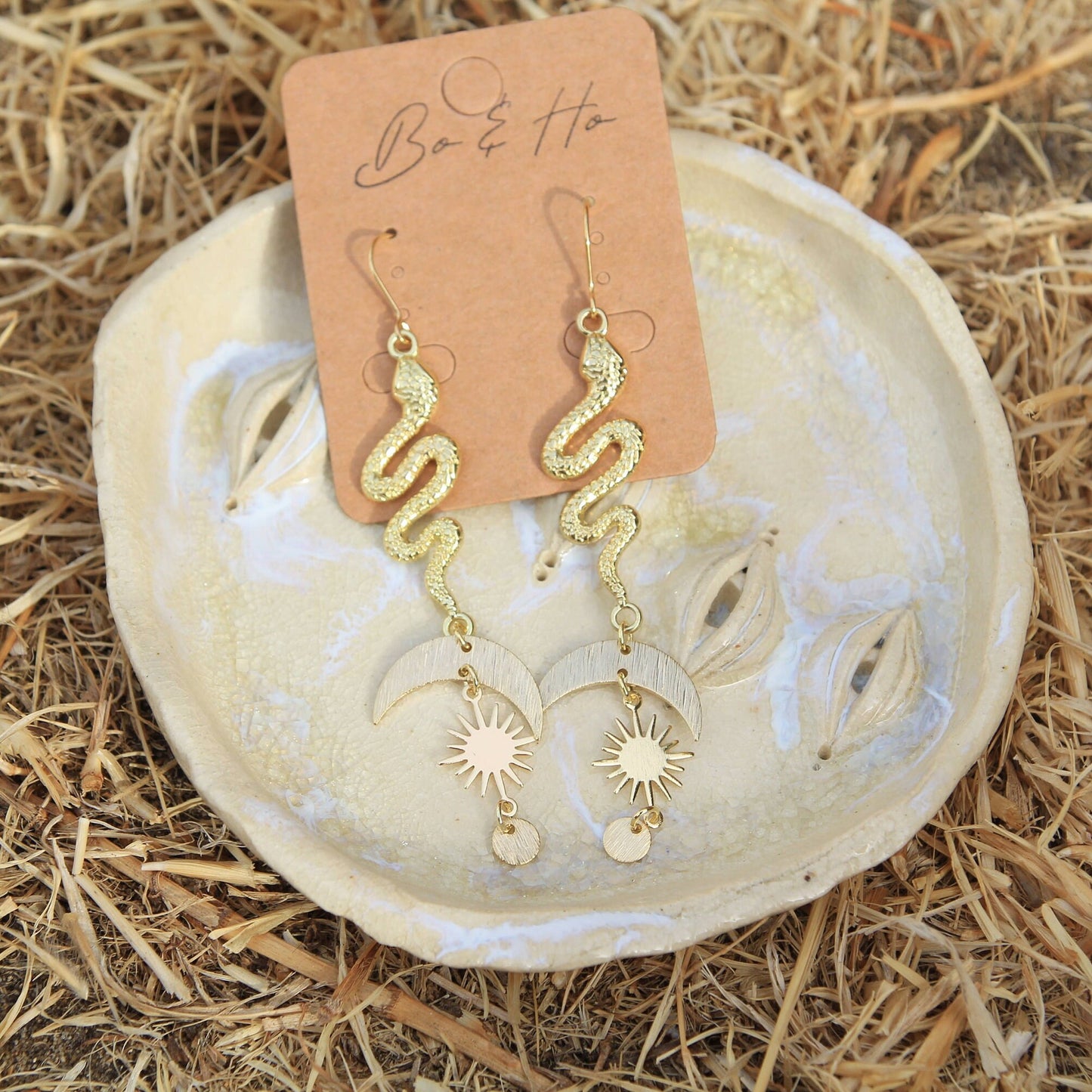 Gold Celestial Snake Earrings with Sun, Moons