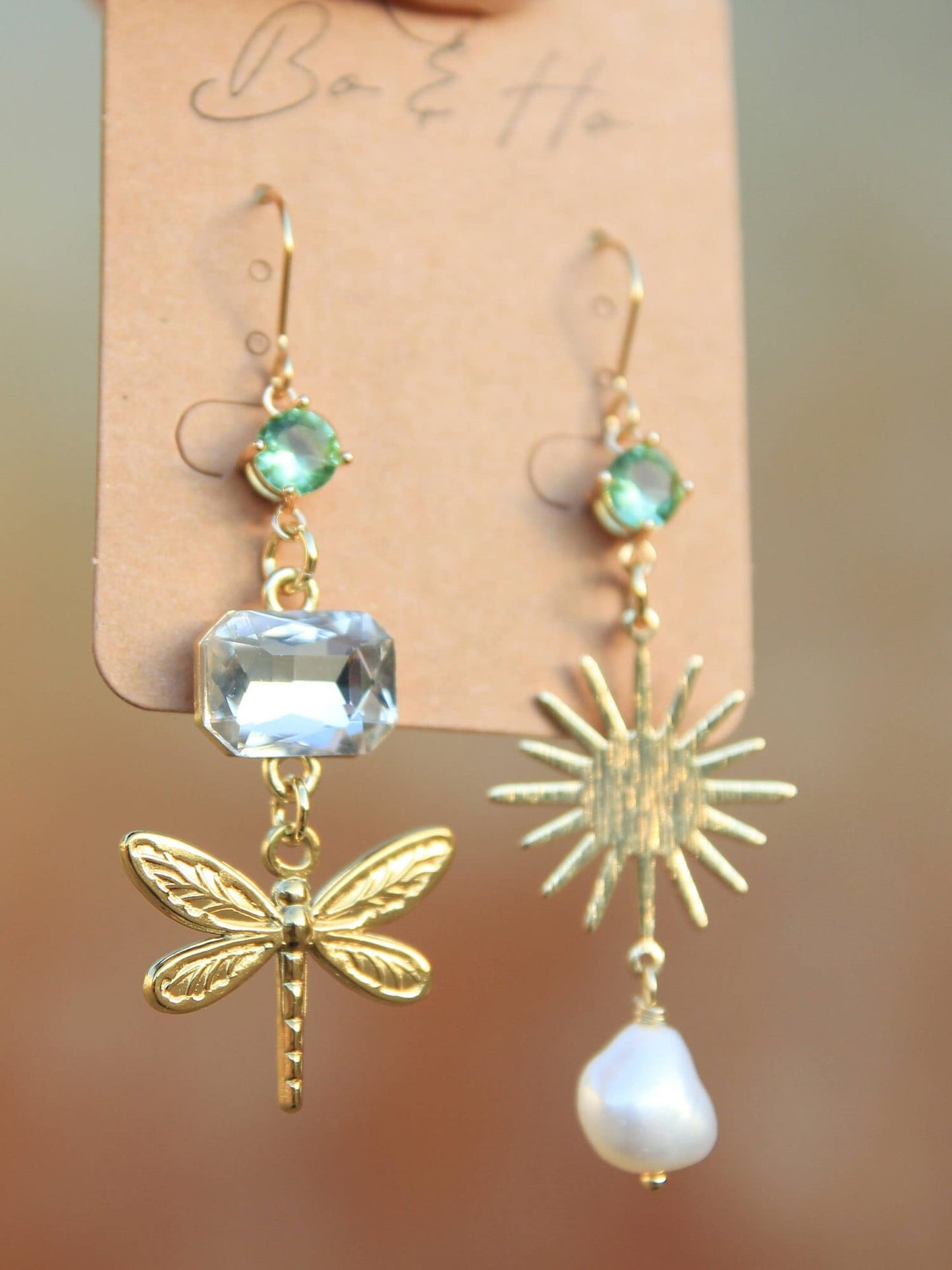 Asymmetric Gold Dragonfly Earrings with Pearl