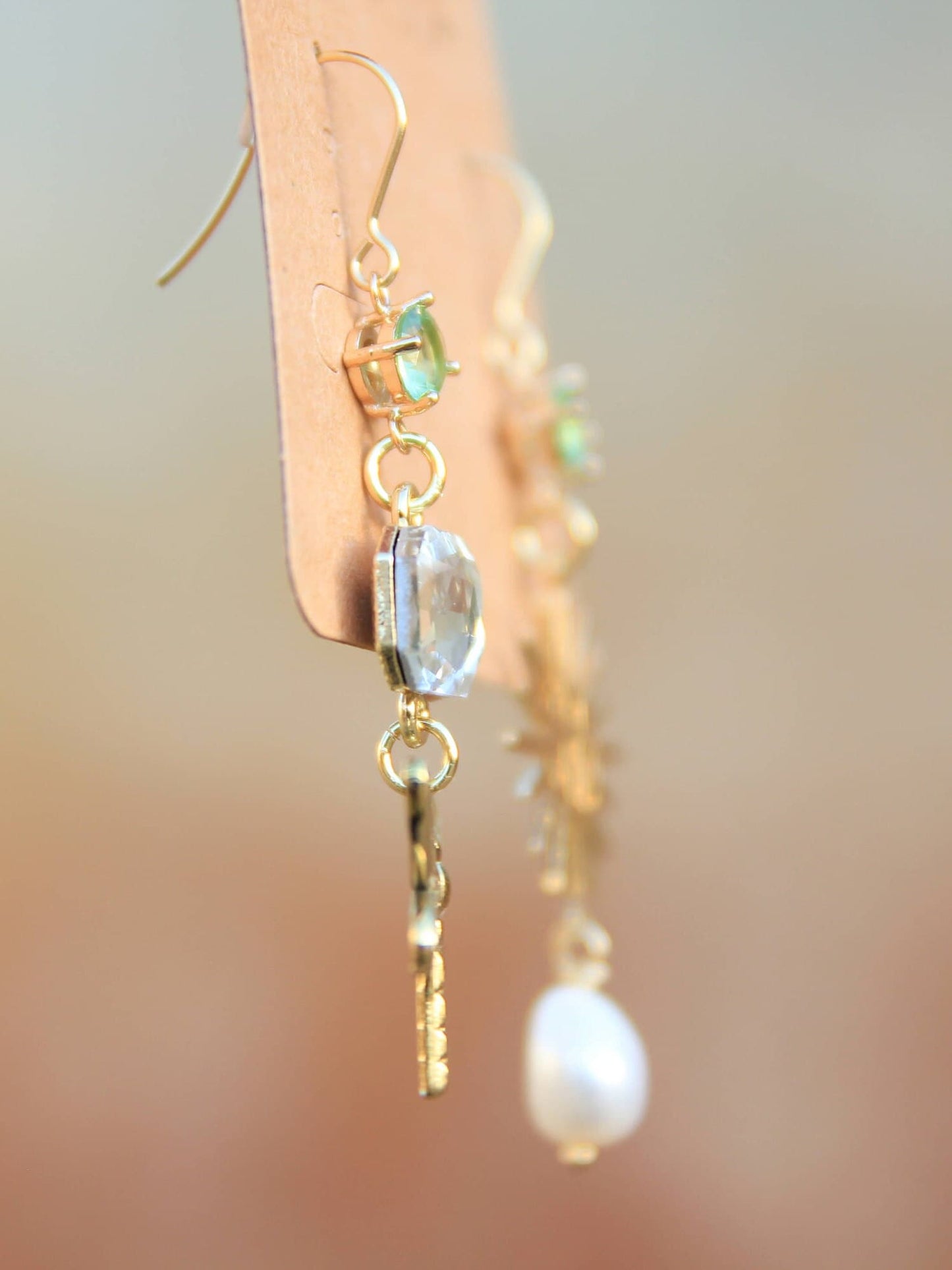 Asymmetric Gold Dragonfly Earrings with Pearl