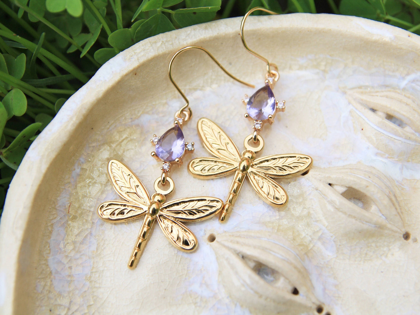 Gold Dragonfly Crystal Earrings