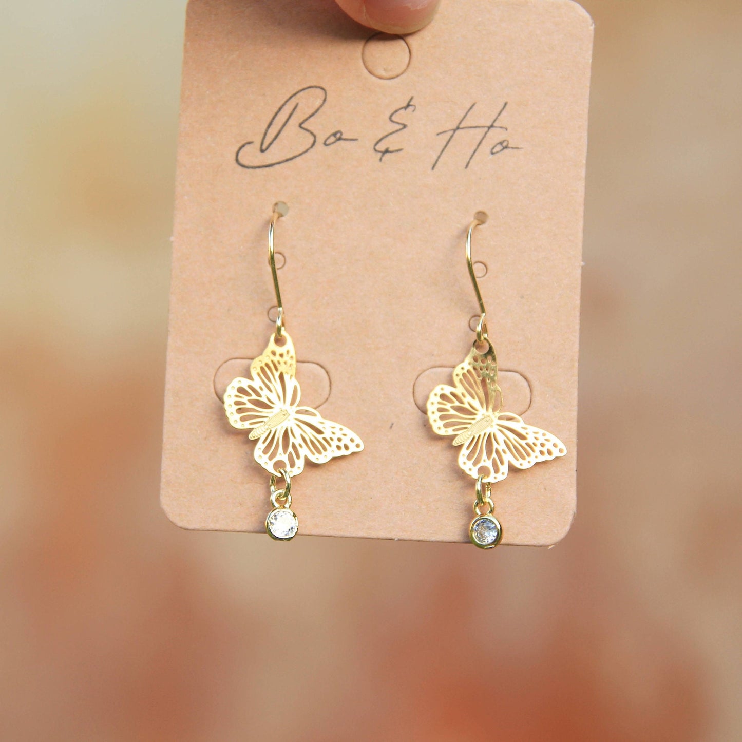 Gold Butterfly Earrings with Cubic Zirconia Crystal