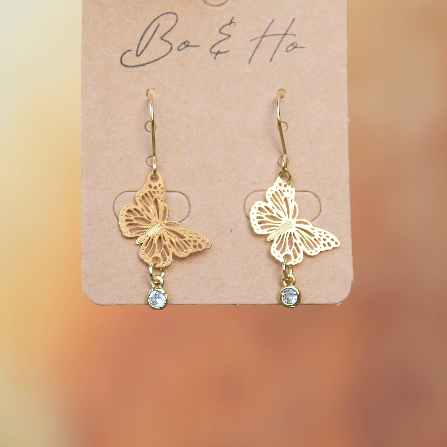 Gold Butterfly Earrings with Cubic Zirconia Crystal