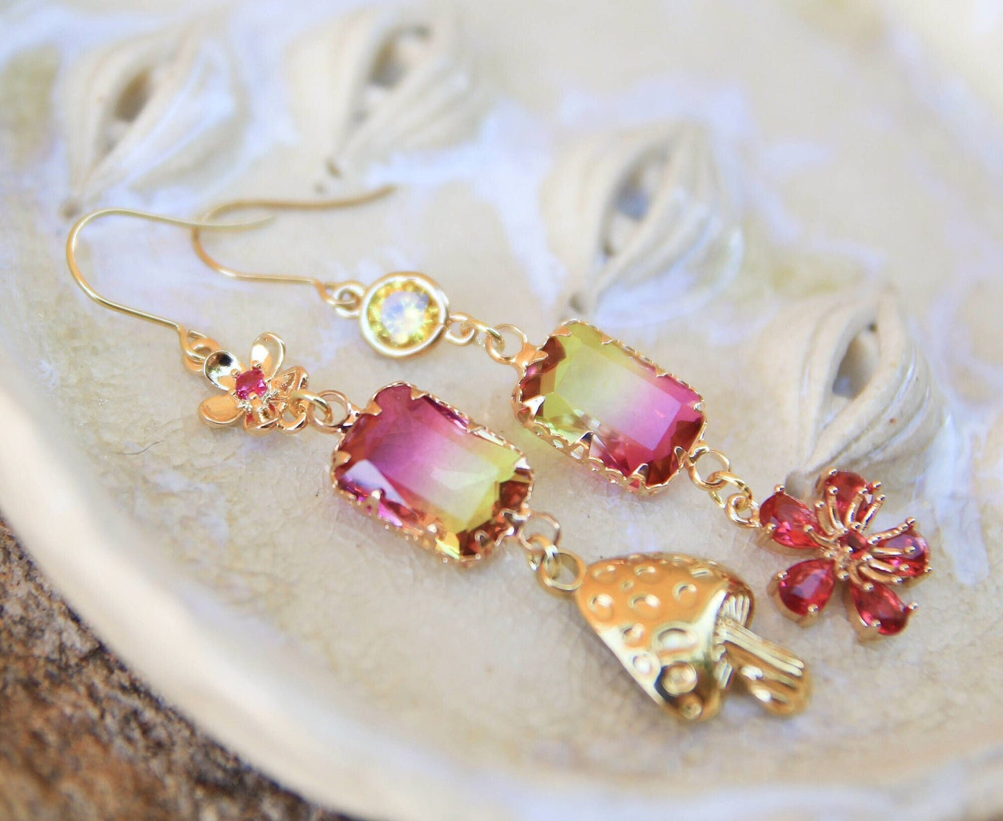 Asymmetric Gold Mushroom and Pink Flower Earrings