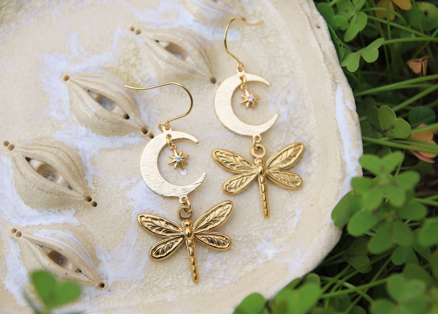 Gold Celestial Dragonfly Earrings