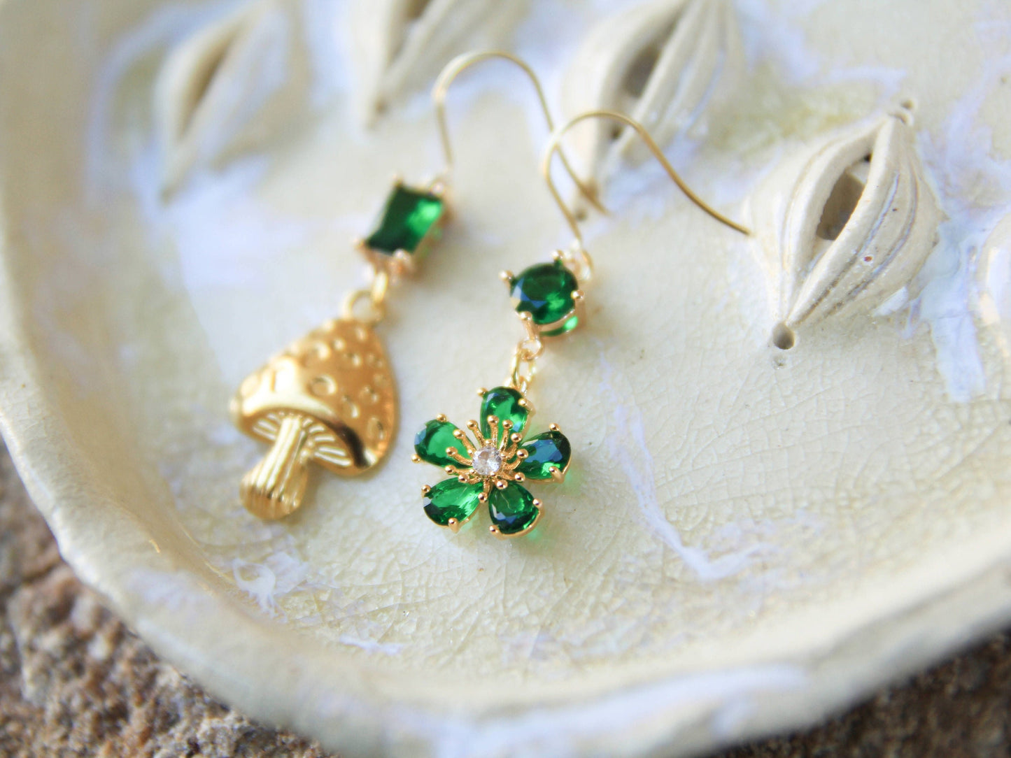 Emerald Green Gold Mushroom and Flower Earrings