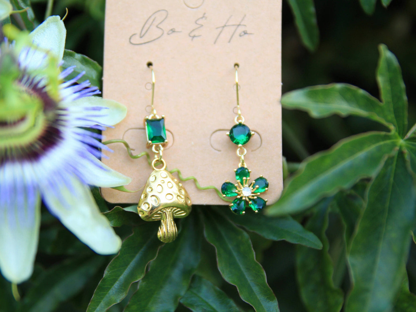 Emerald Green Gold Mushroom and Flower Earrings