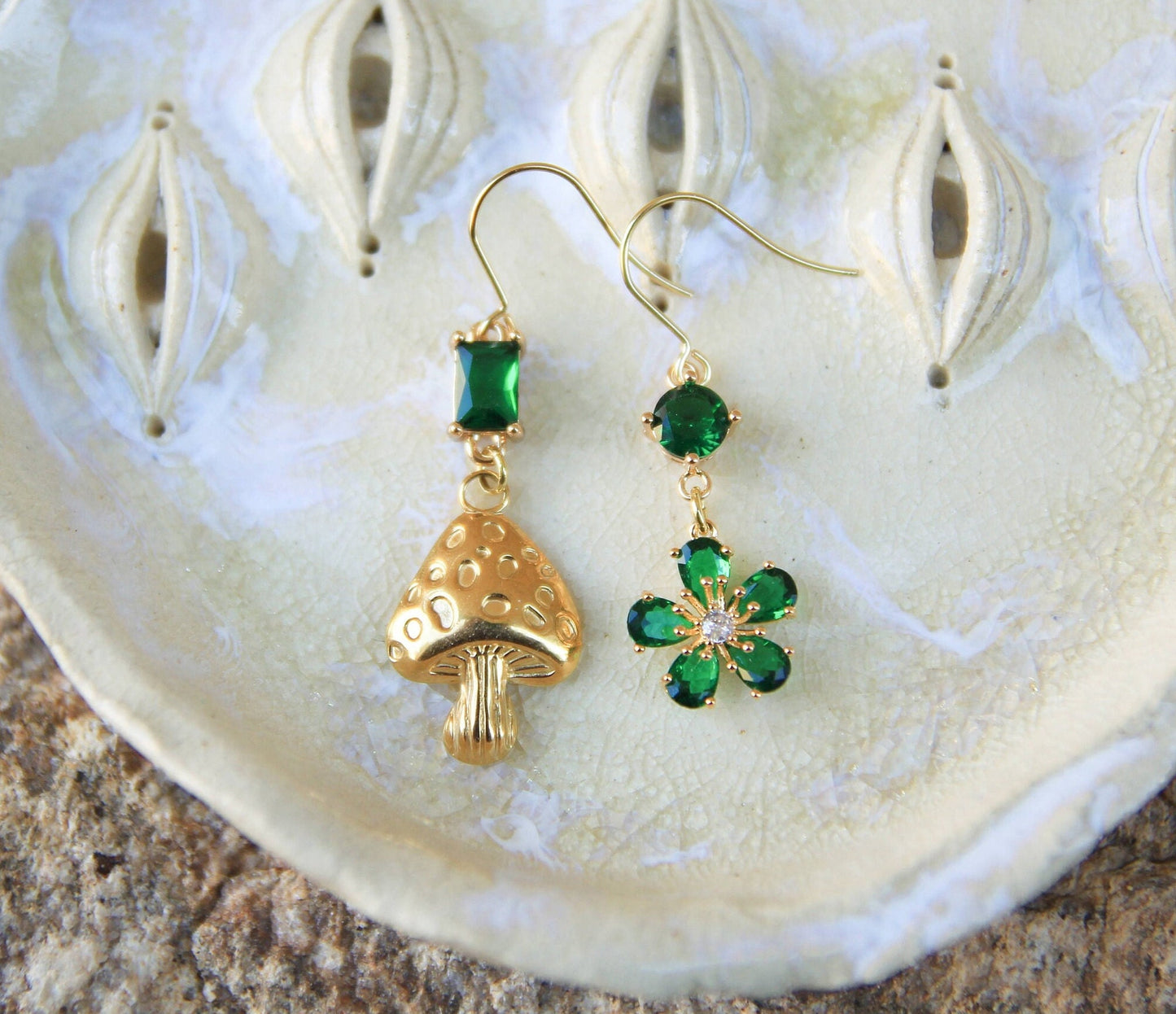 Emerald Green Gold Mushroom and Flower Earrings