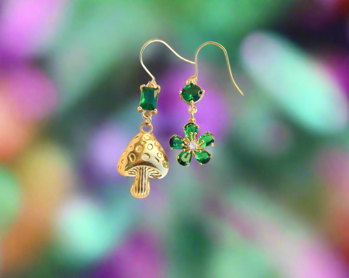 Emerald Green Gold Mushroom and Flower Earrings