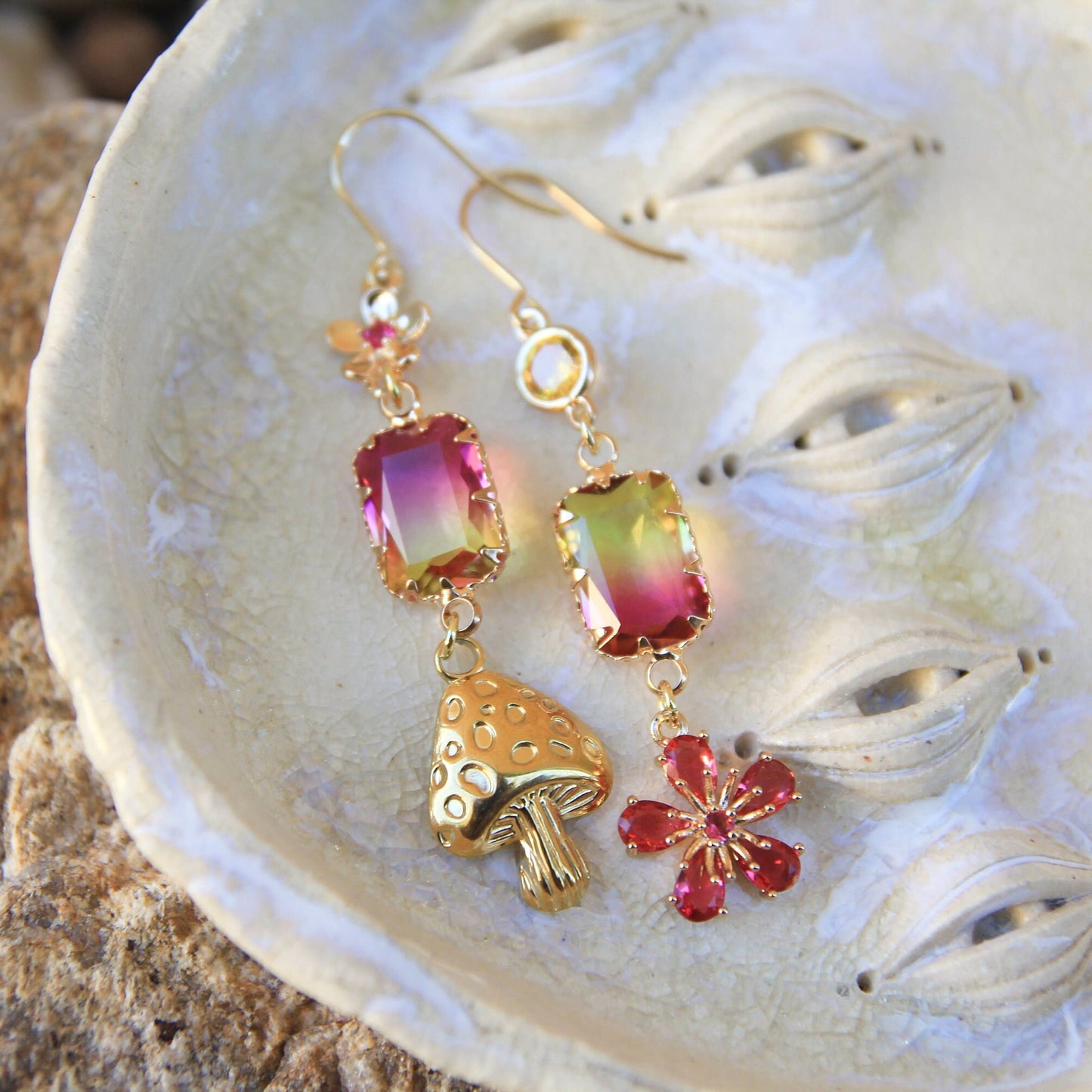 Asymmetric Gold Mushroom and Pink Flower Earrings