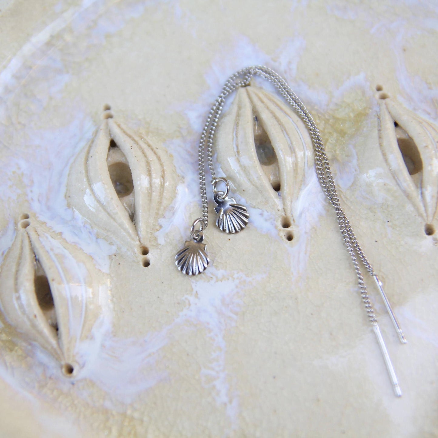 Minimalist Shell Threader Earrings / Delicate Tiny Sea Shell Dangly Earrings