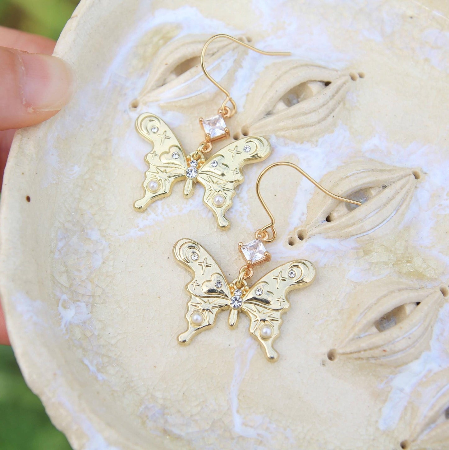 Gold Butterfly Earrings with Stars, Moons, Crystals