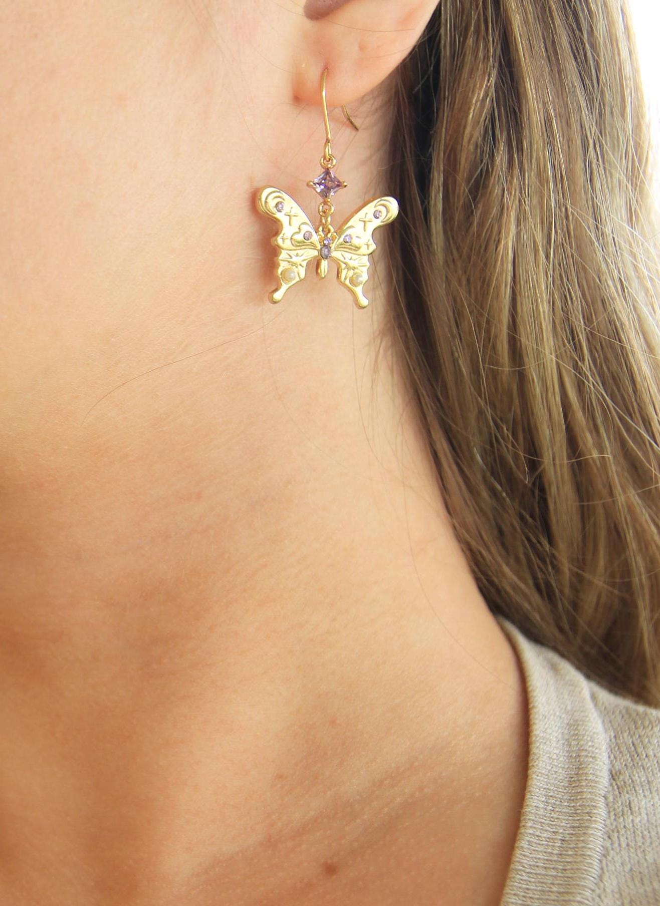 Gold Butterfly Earrings with Stars, Moons, Crystals
