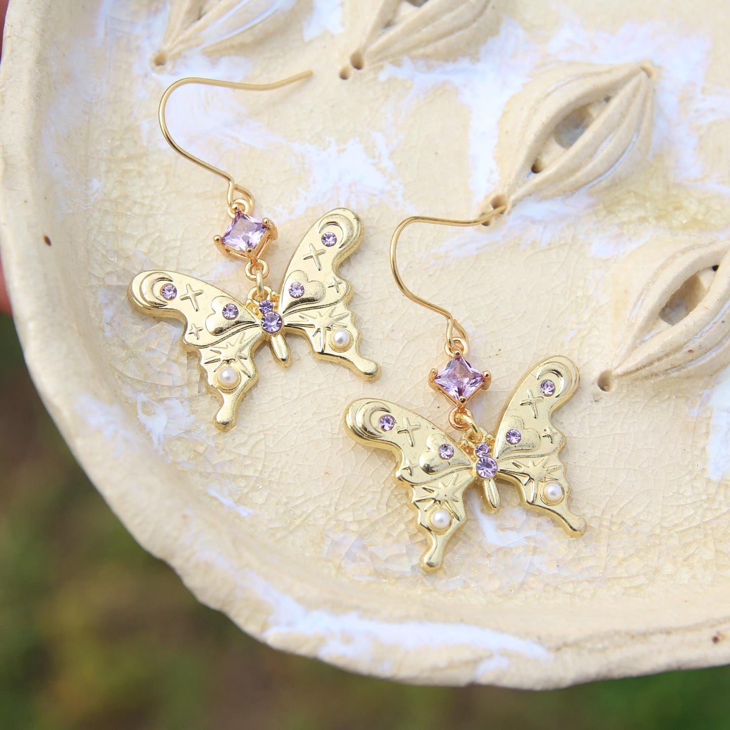 Gold Butterfly Earrings with Stars, Moons, Crystals