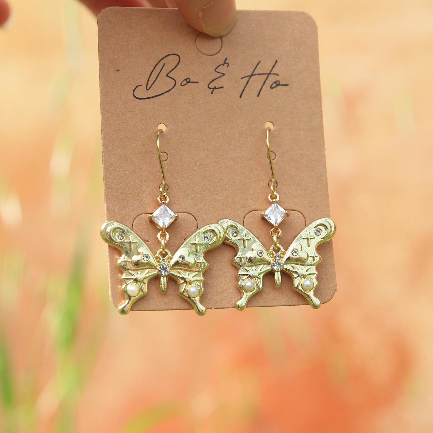 Gold Butterfly Earrings with Stars, Moons, Crystals
