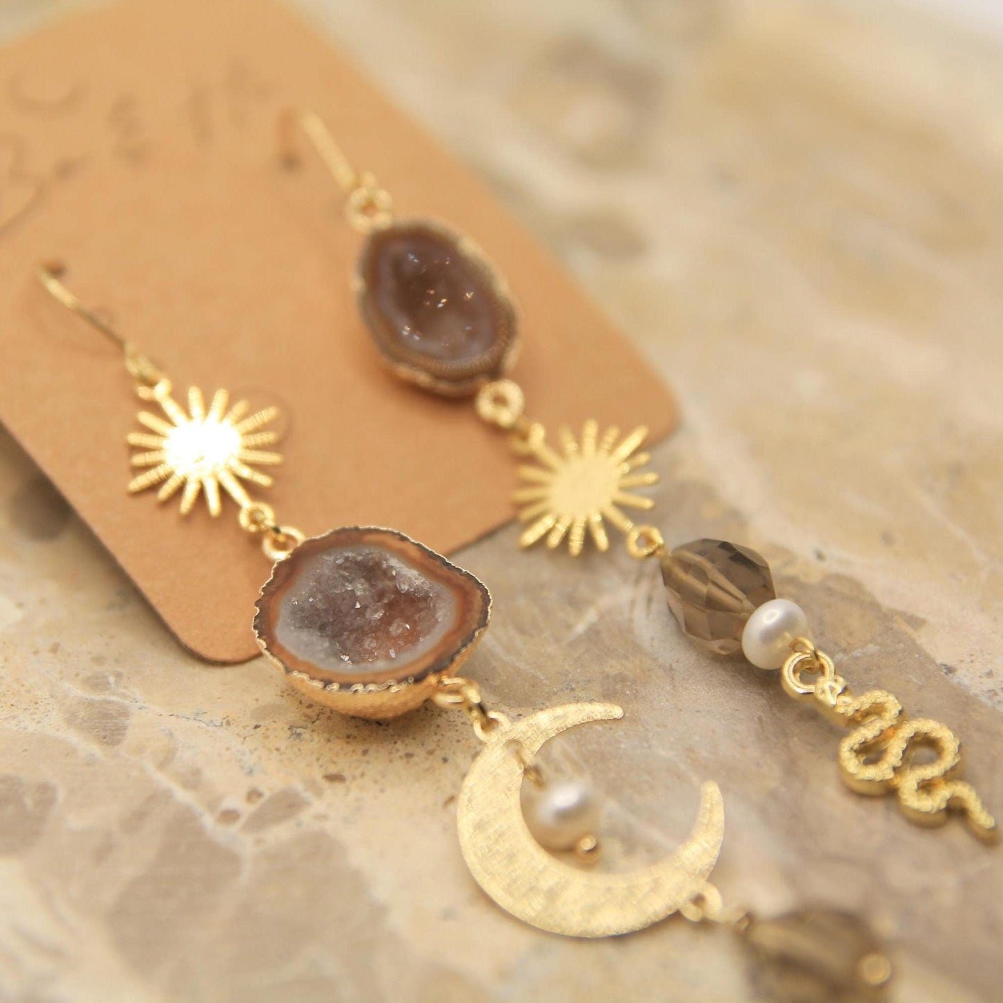 Brown Geode Snake, Moon and Sun Earrings with Freshwater Pearls and Smokey Quartz