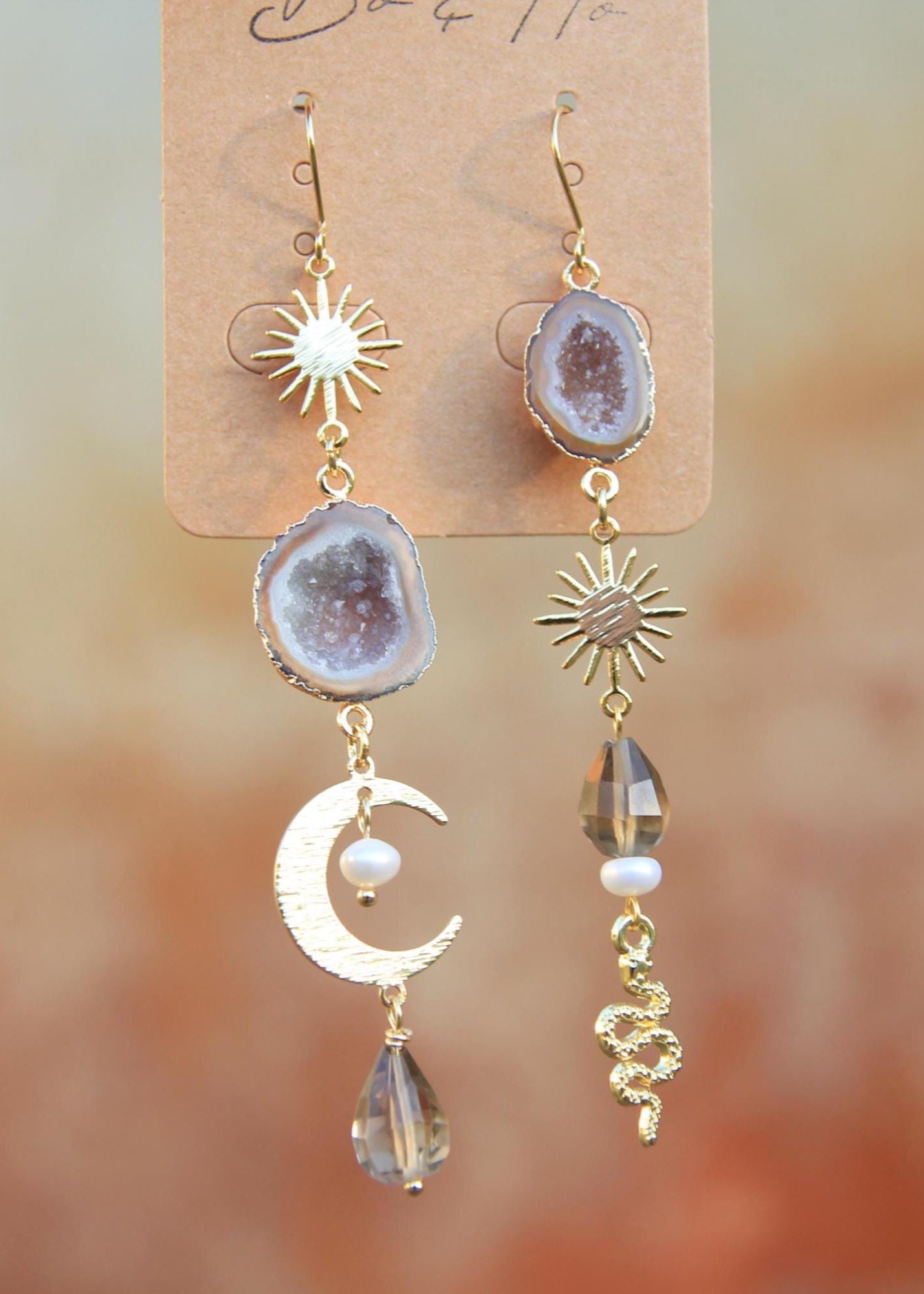 Brown Geode Snake, Moon and Sun Earrings with Freshwater Pearls and Smokey Quartz
