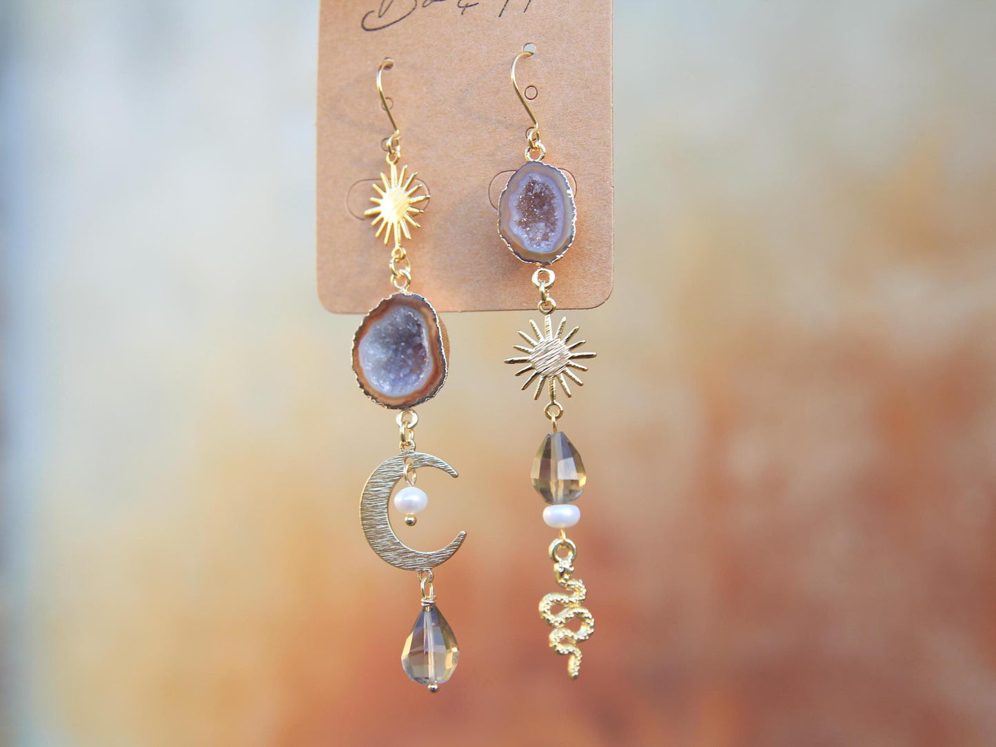 Brown Geode Snake, Moon and Sun Earrings with Freshwater Pearls and Smokey Quartz