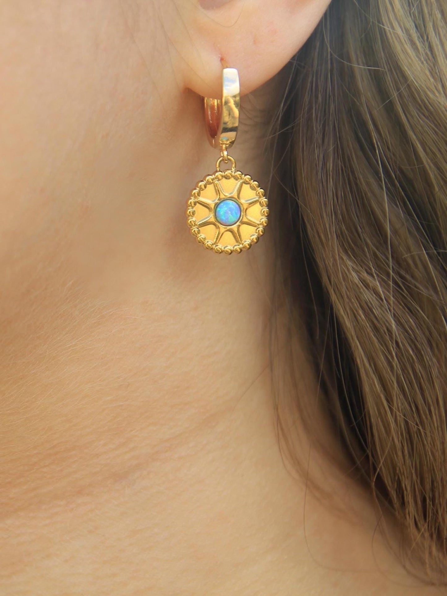 Gold Opal Sun Huggie Earrings