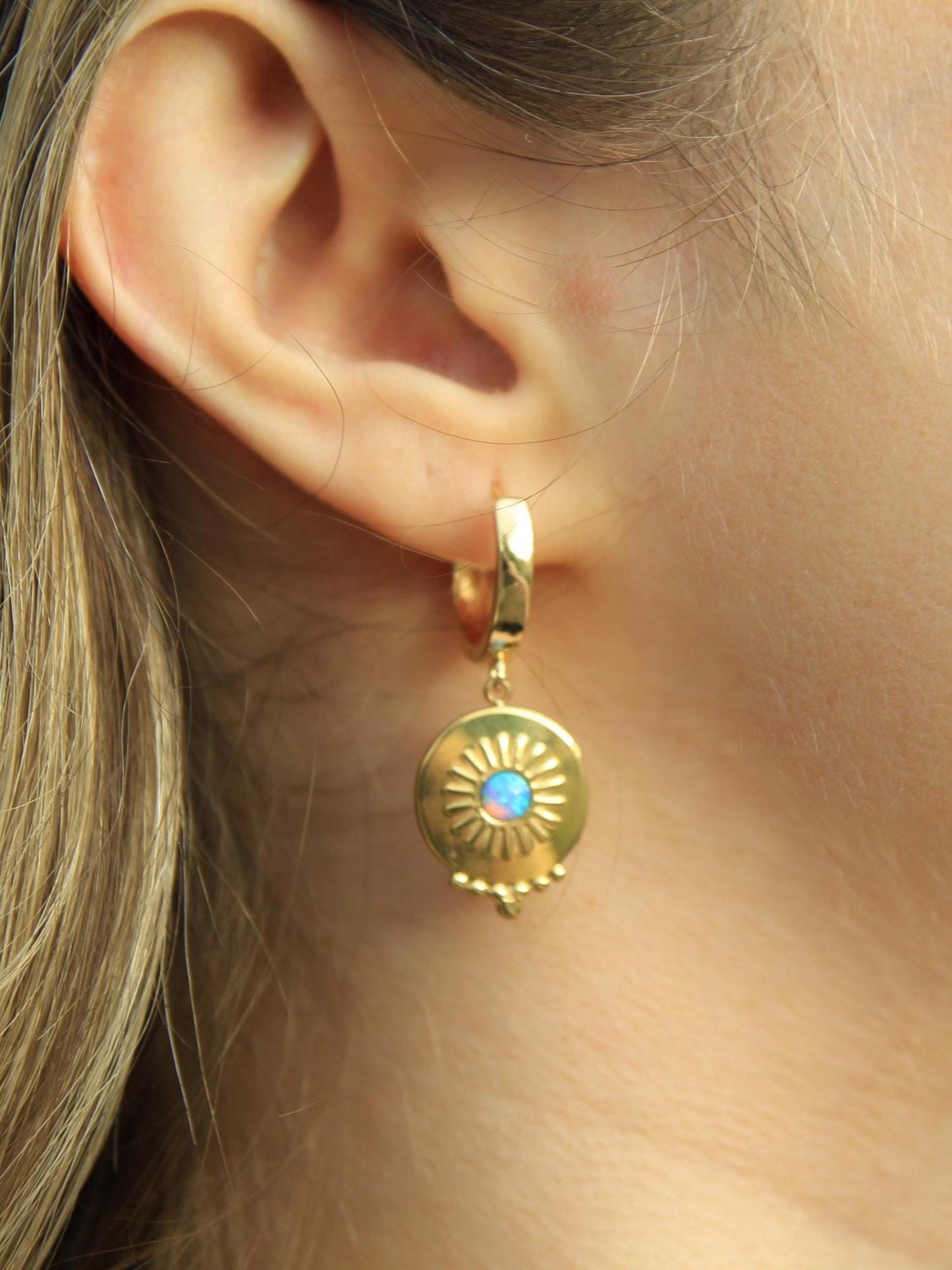 Golden Sunburst Charm Earrings with Opal Handmade Boho Huggies