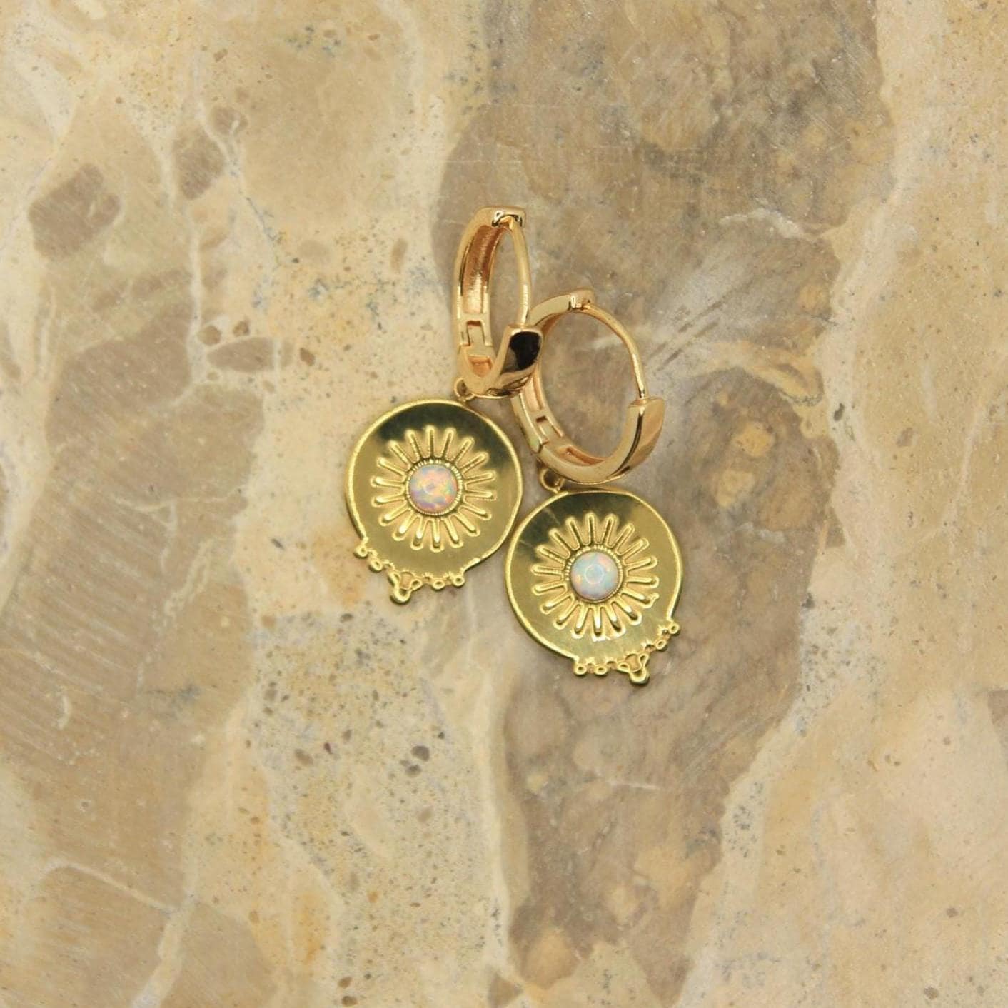 Golden Sunburst Charm Earrings with Opal Handmade Boho Huggies
