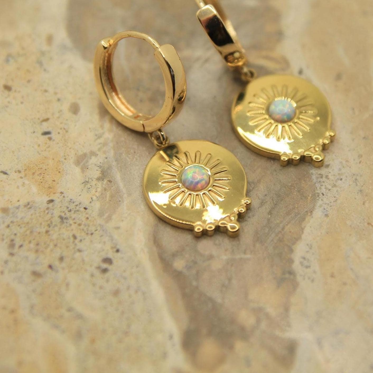 Golden Sunburst Charm Earrings with Opal Handmade Boho Huggies