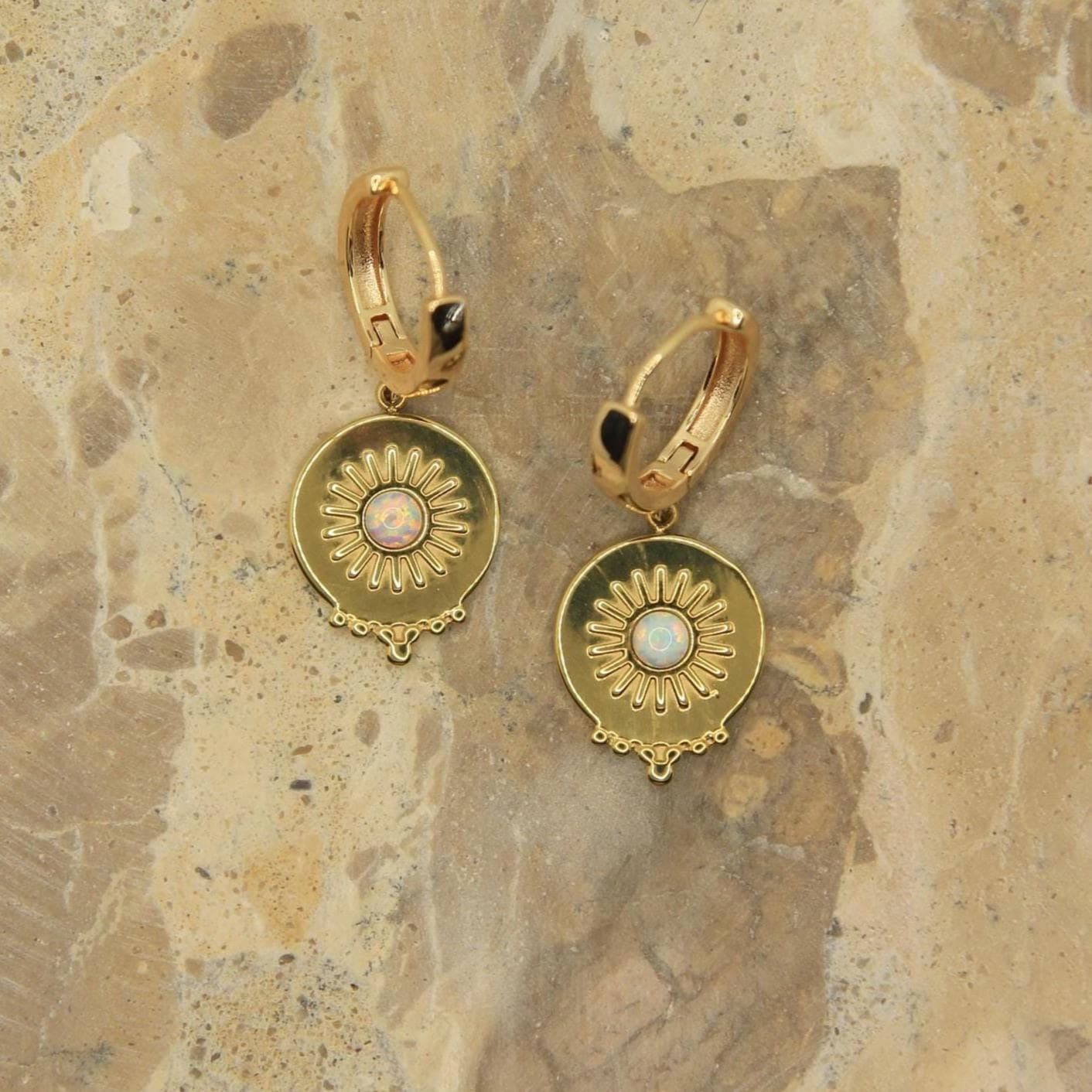 Golden Sunburst Charm Earrings with Opal Handmade Boho Huggies