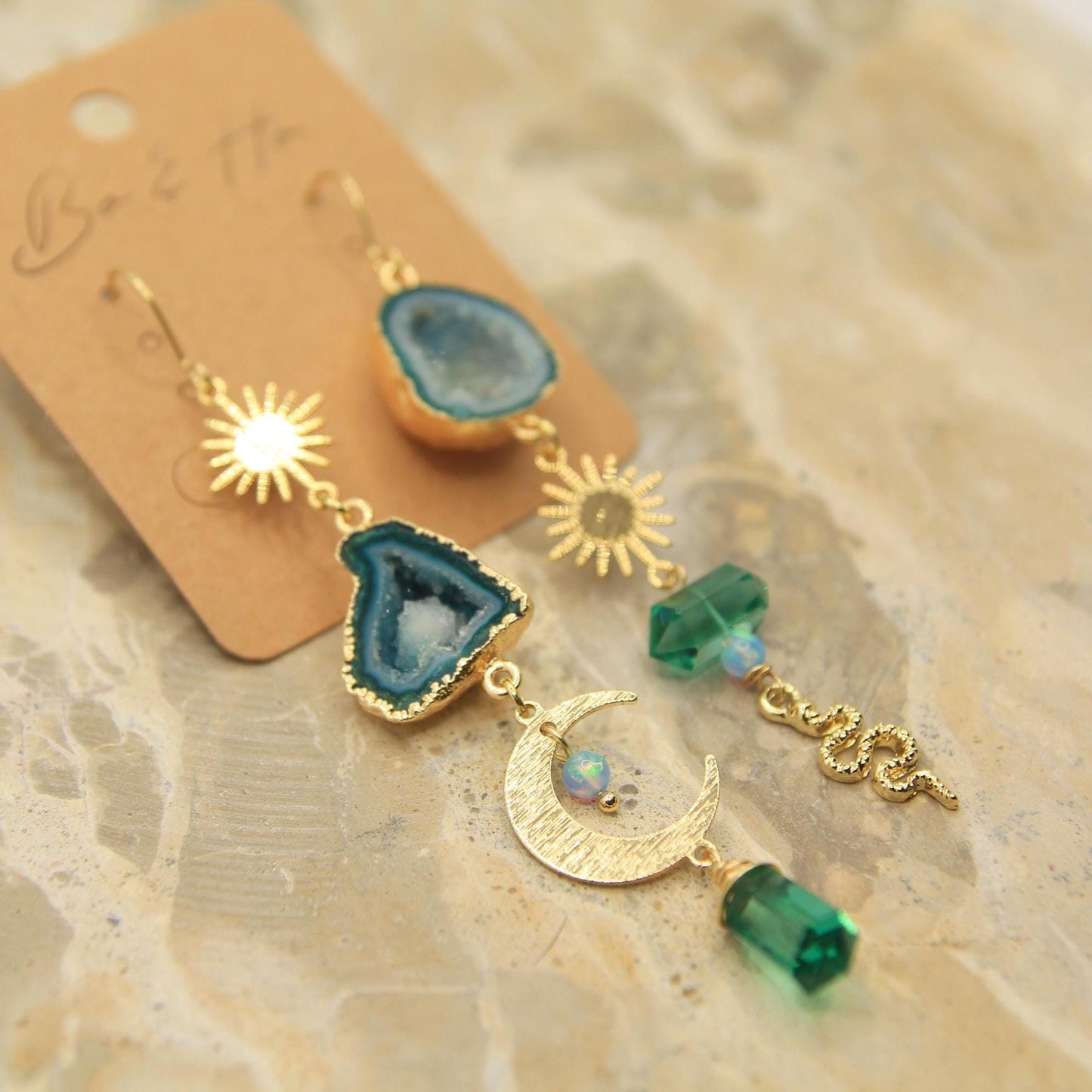 Celestial Geode Statement Earrings | Green-Blue Agate, Sun, Moon & Snake Charms | Gold Plated Mystic Earrings with Opal