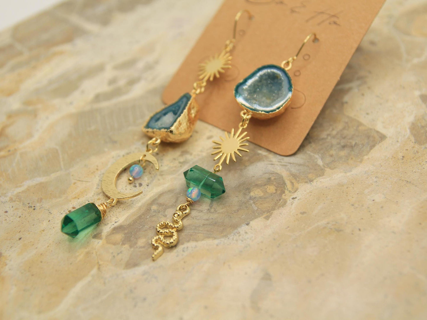 Celestial Geode Statement Earrings | Green-Blue Agate, Sun, Moon & Snake Charms | Gold Plated Mystic Earrings with Opal