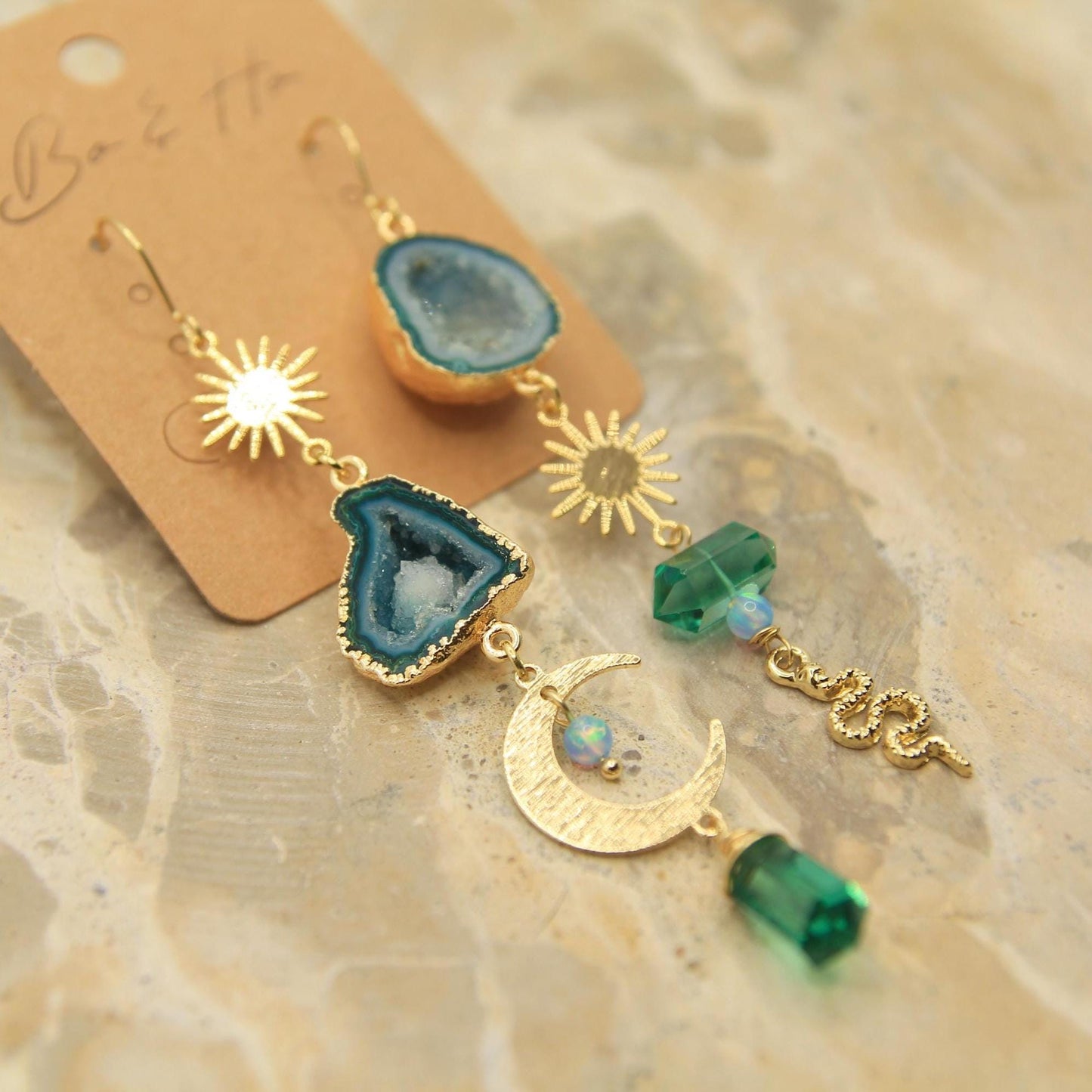 Celestial Geode Statement Earrings | Green-Blue Agate, Sun, Moon & Snake Charms | Gold Plated Mystic Earrings with Opal