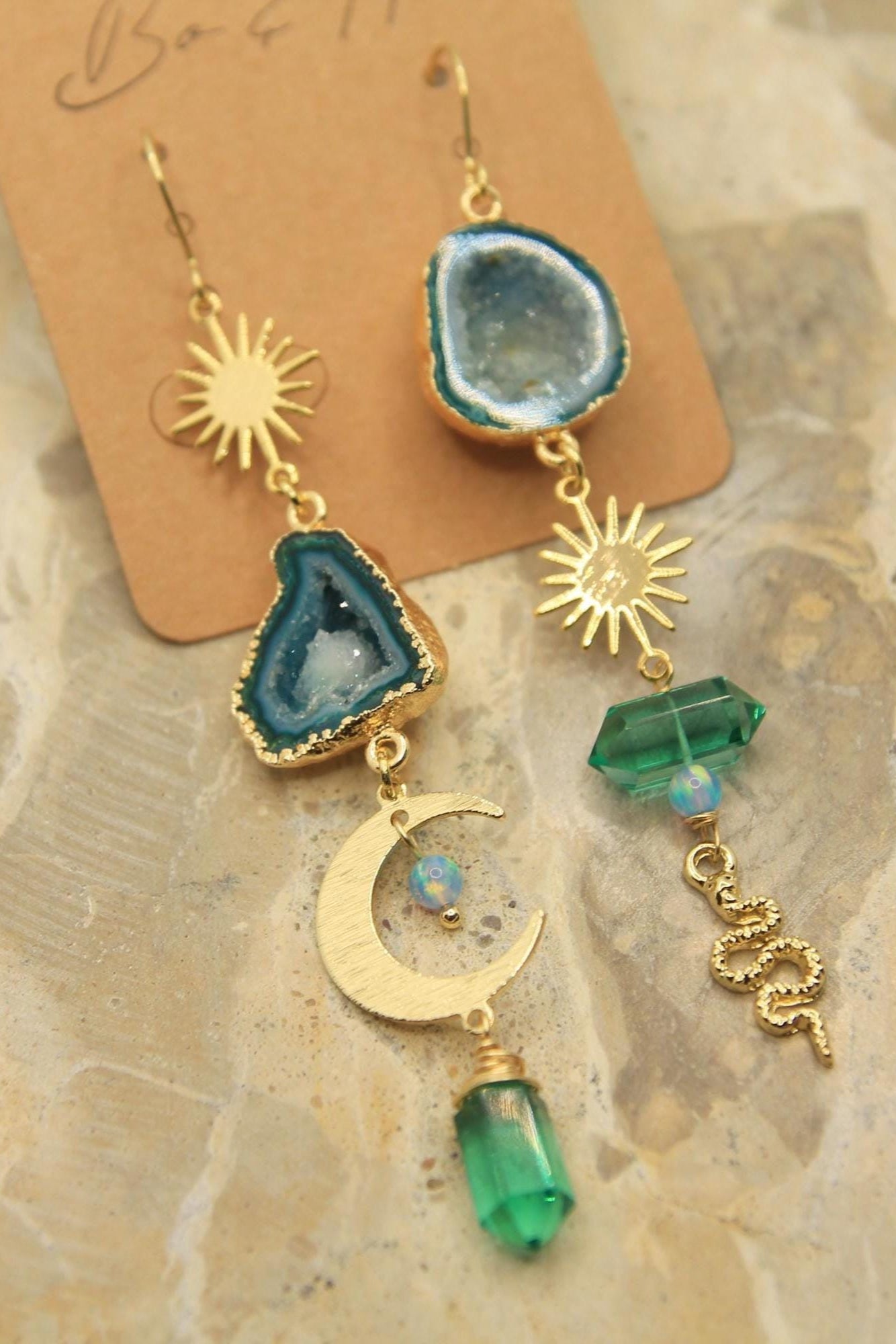 Celestial Geode Statement Earrings | Green-Blue Agate, Sun, Moon & Snake Charms | Gold Plated Mystic Earrings with Opal
