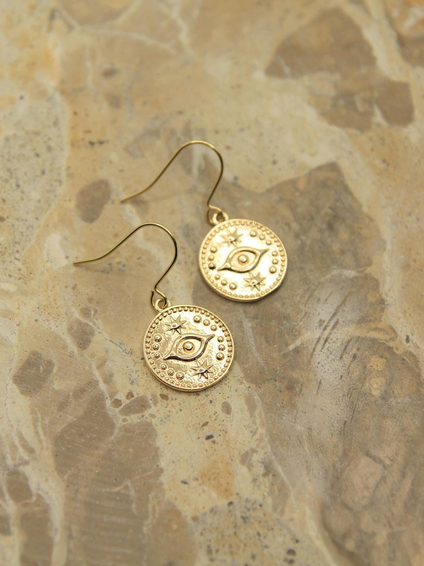 Gold Coin Dangle Earrings | Boho Eye and Star Design | Handmade Spiritual Jewellery