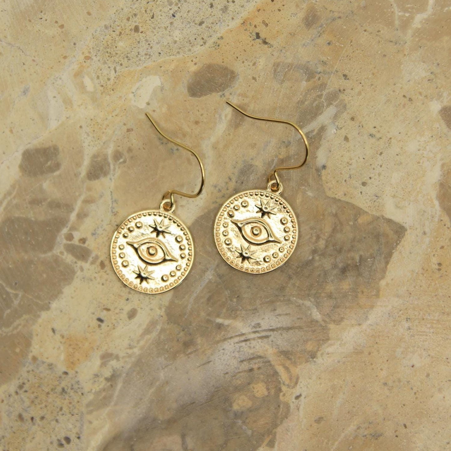 Gold Coin Dangle Earrings | Boho Eye and Star Design | Handmade Spiritual Jewellery