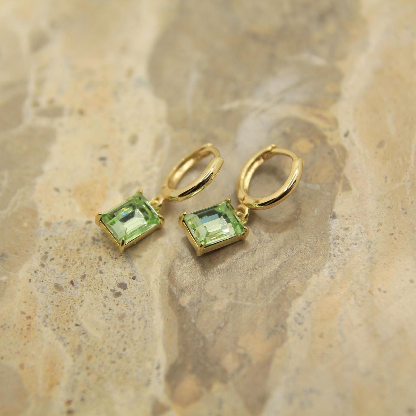 Green Rectangle Crystal Drop Hoop Earrings – Gold Minimalist Green Crystal Earrings