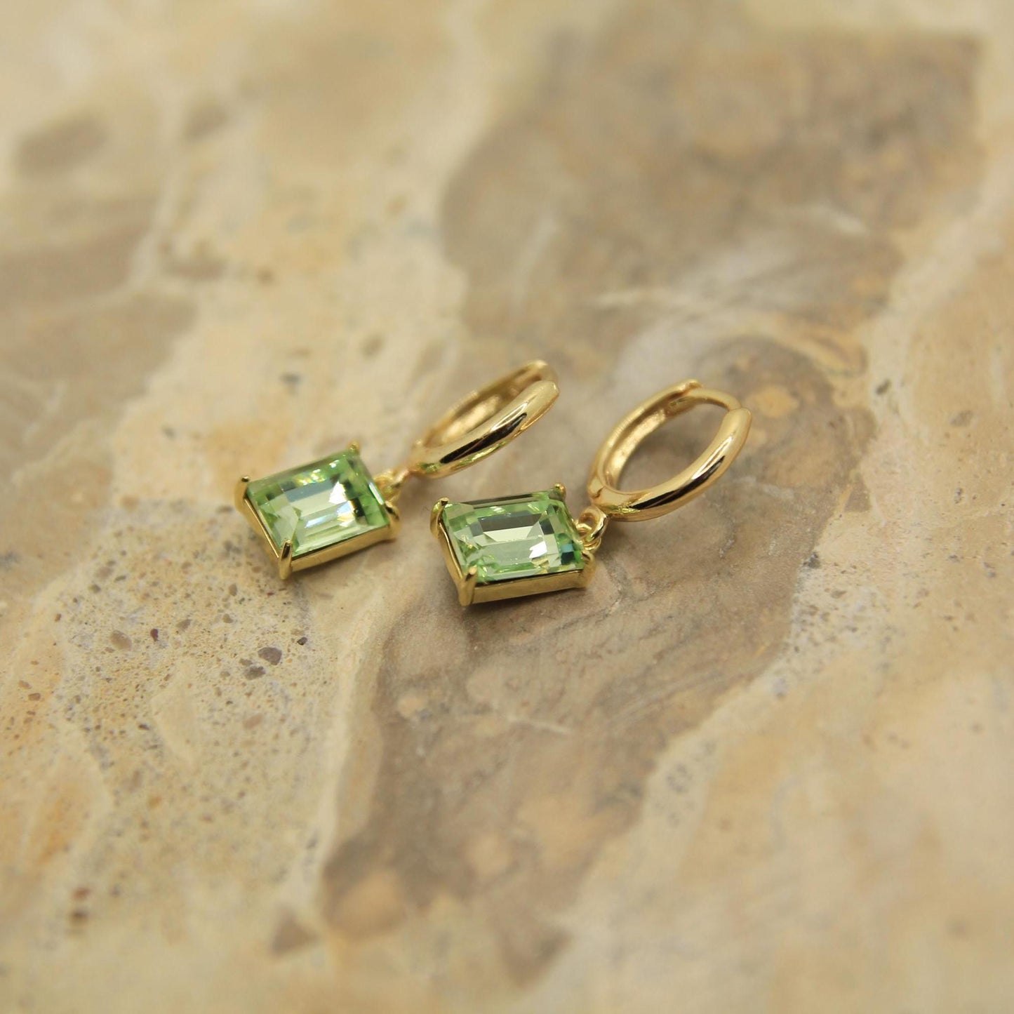 Green Rectangle Crystal Drop Hoop Earrings – Gold Minimalist Green Crystal Earrings