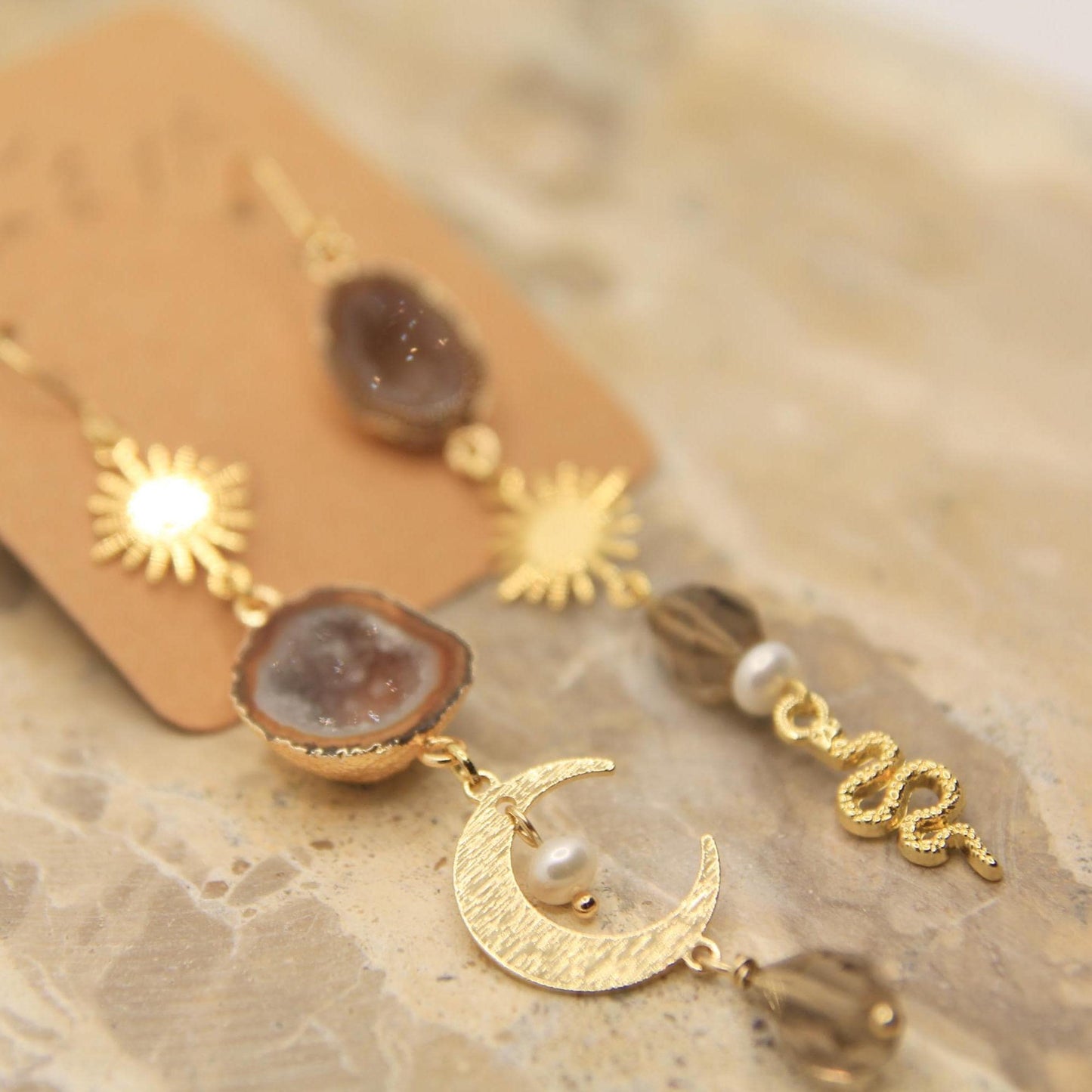 Brown Geode Snake, Moon and Sun Earrings with Freshwater Pearls and Smokey Quartz
