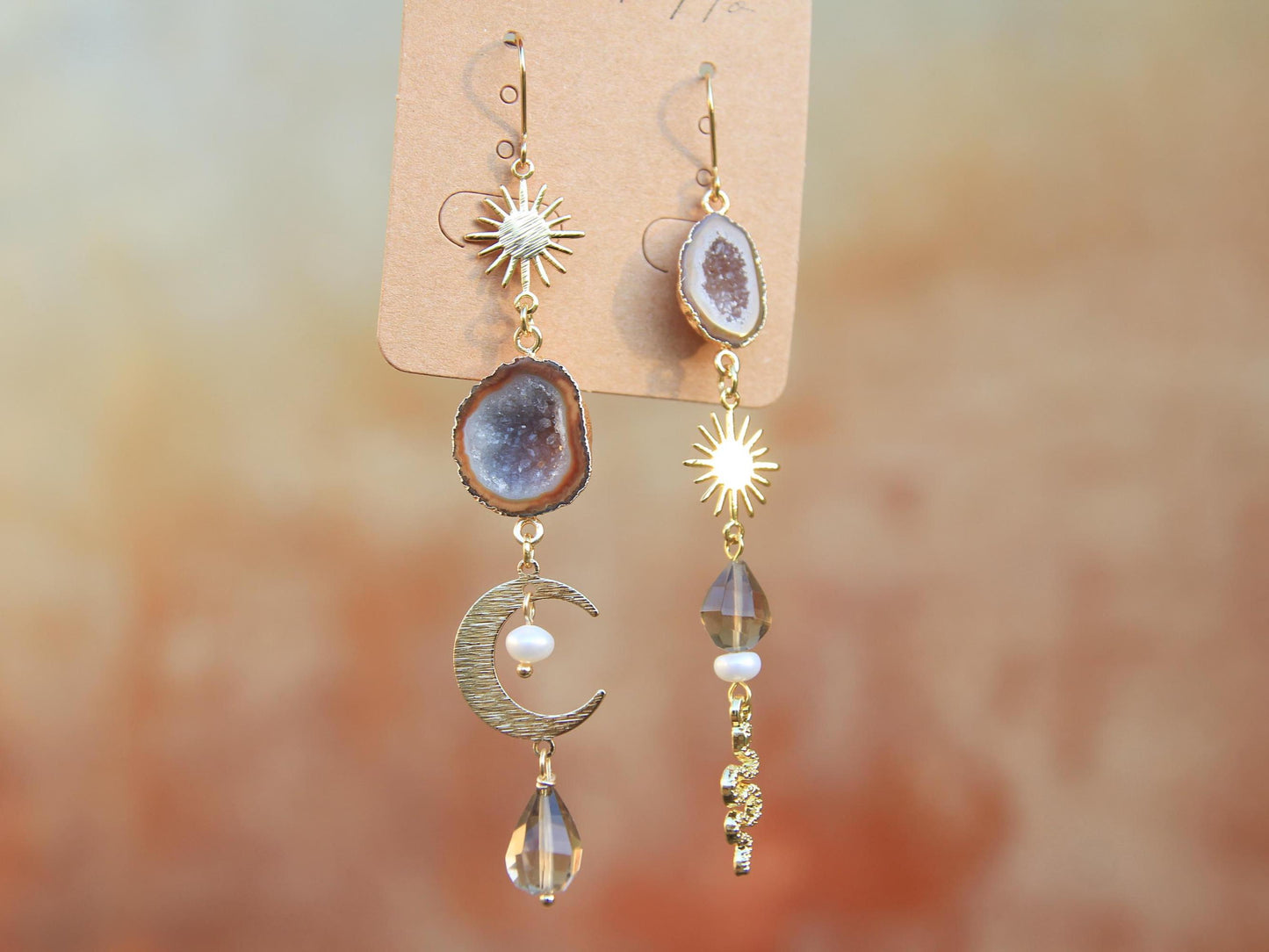 Brown Geode Snake, Moon and Sun Earrings with Freshwater Pearls and Smokey Quartz