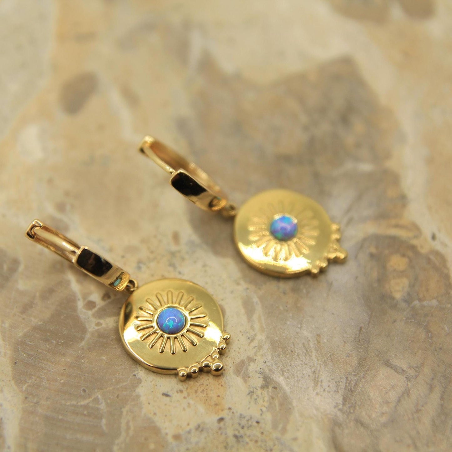 Golden Sunburst Charm Earrings with Opal Handmade Boho Huggies