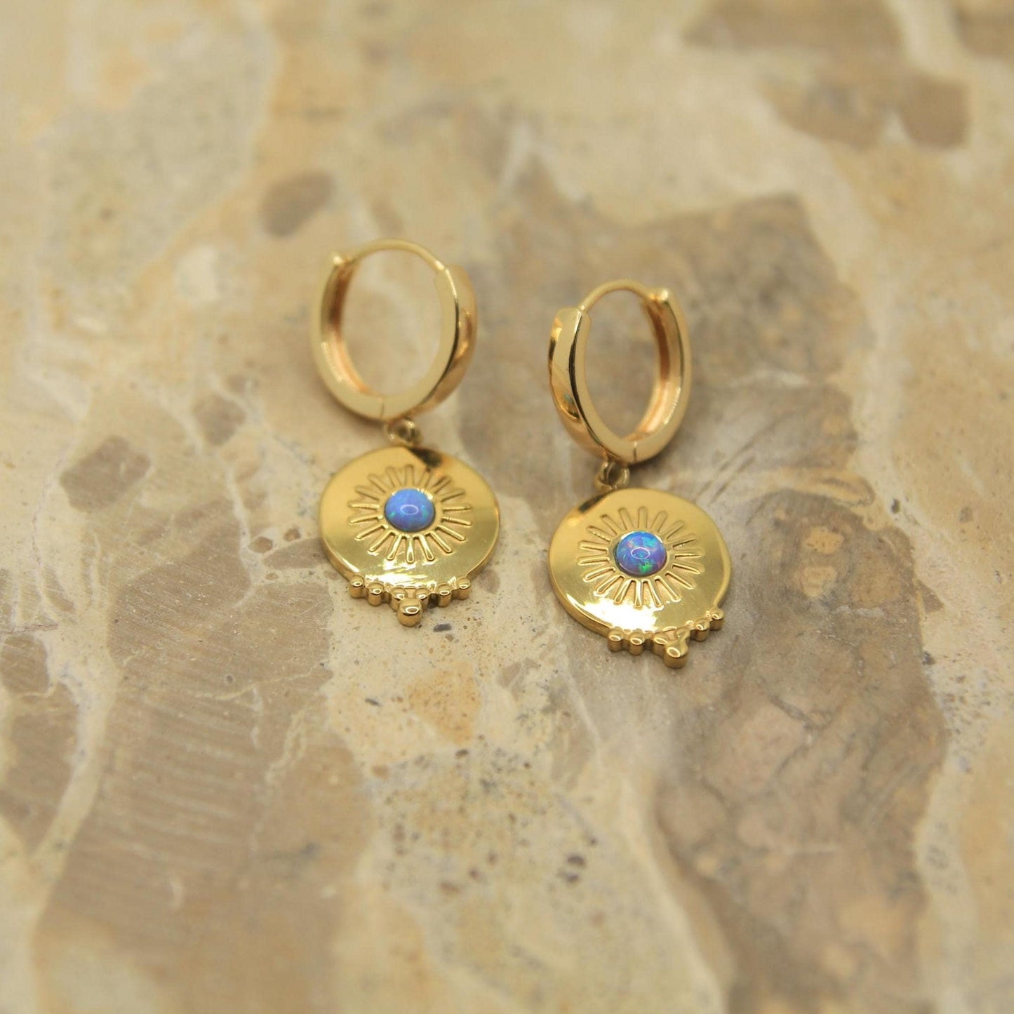 Golden Sunburst Charm Earrings with Opal Handmade Boho Huggies