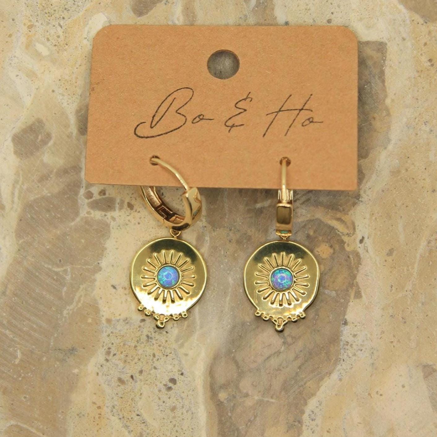 Golden Sunburst Charm Earrings with Opal Handmade Boho Huggies