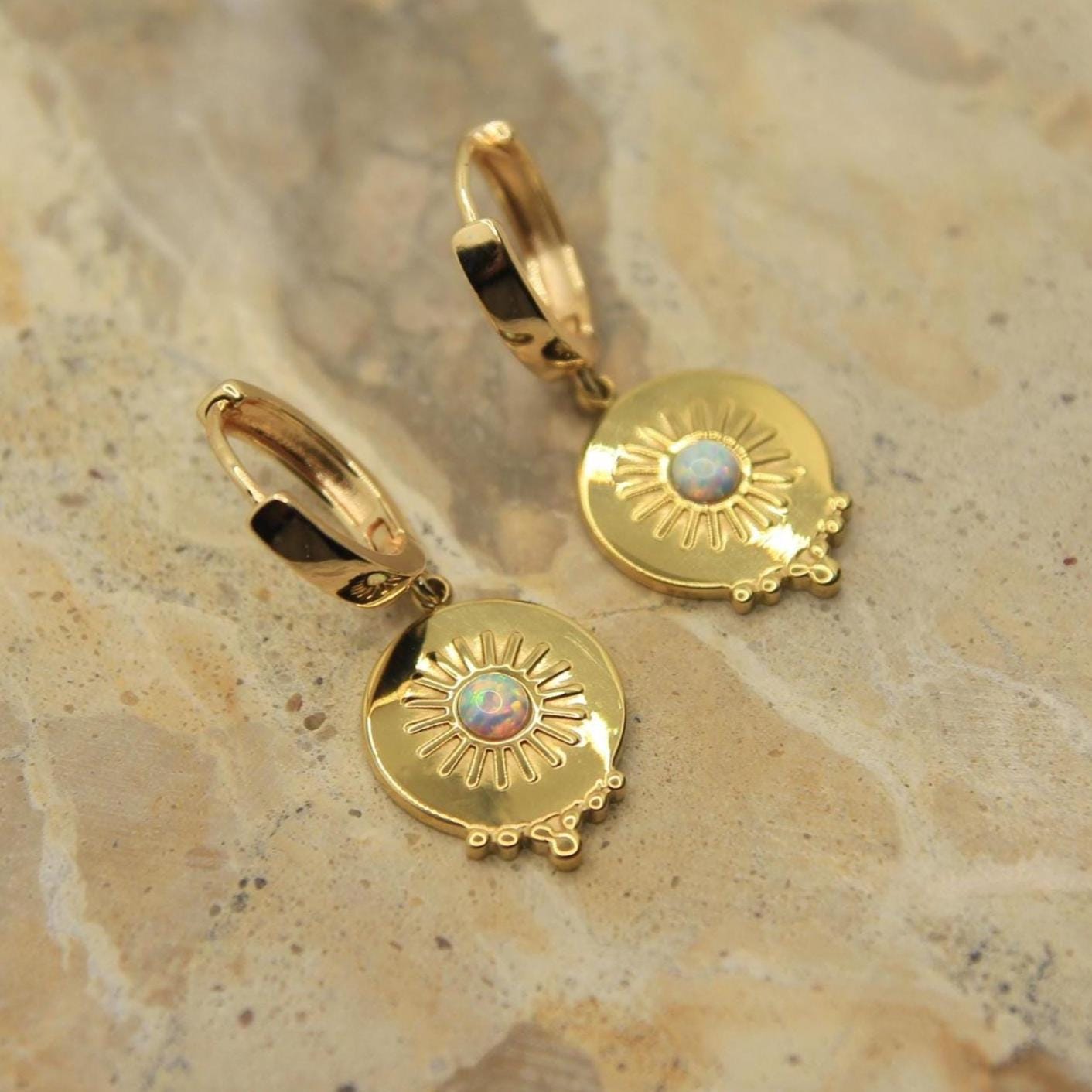 Golden Sunburst Charm Earrings with Opal Handmade Boho Huggies