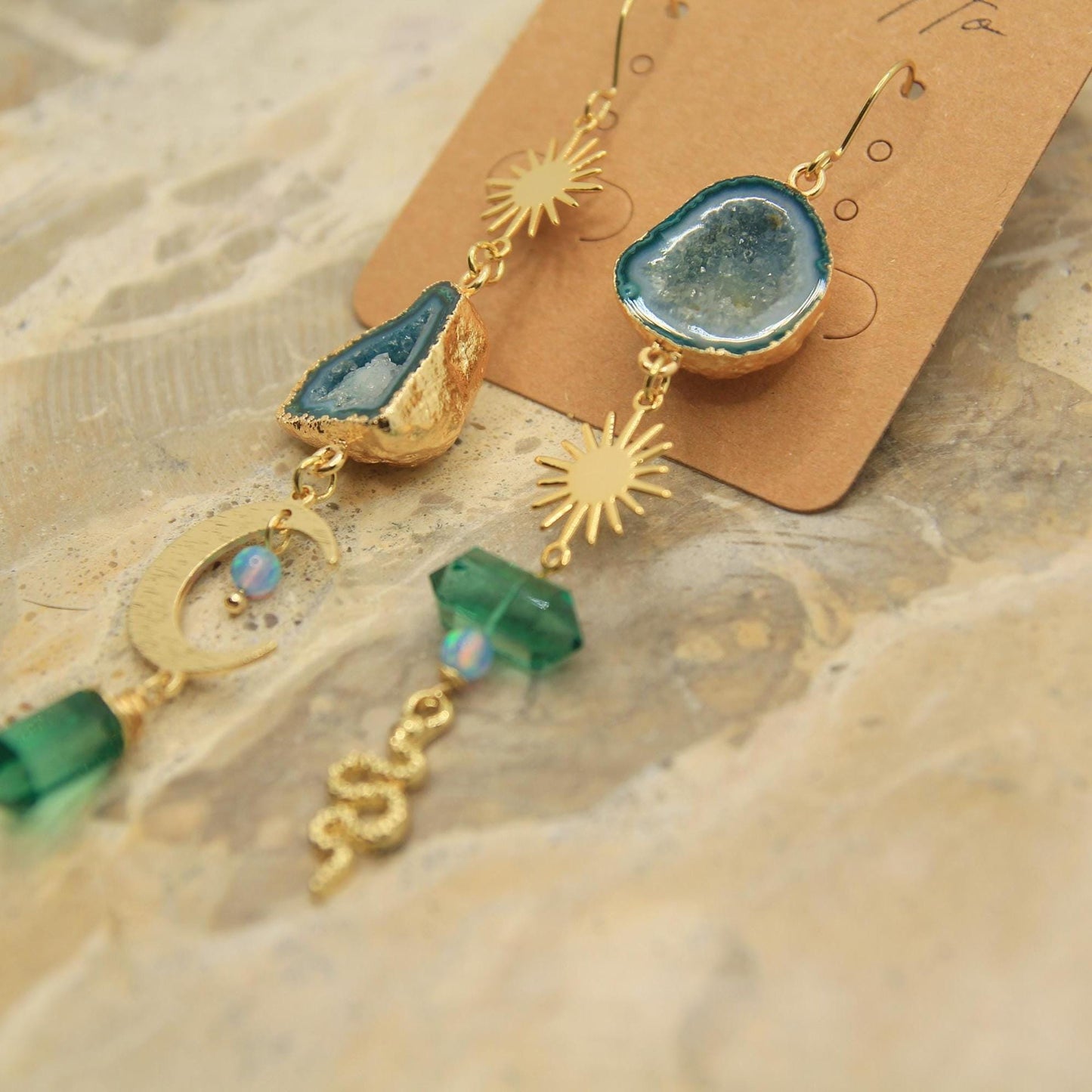 Celestial Geode Statement Earrings | Green-Blue Agate, Sun, Moon & Snake Charms | Gold Plated Mystic Earrings with Opal
