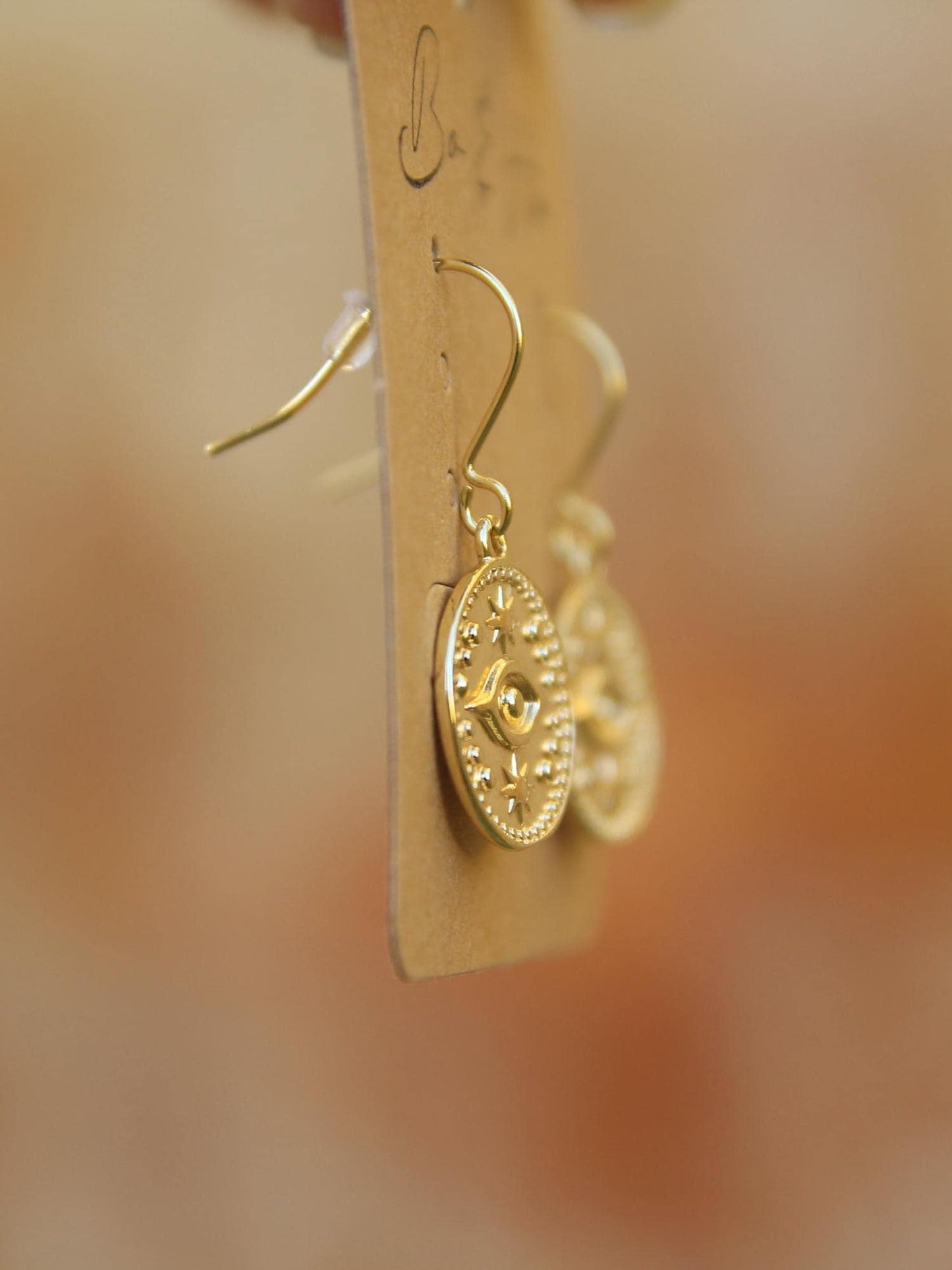 Gold Coin Dangle Earrings | Boho Eye and Star Design | Handmade Spiritual Jewellery