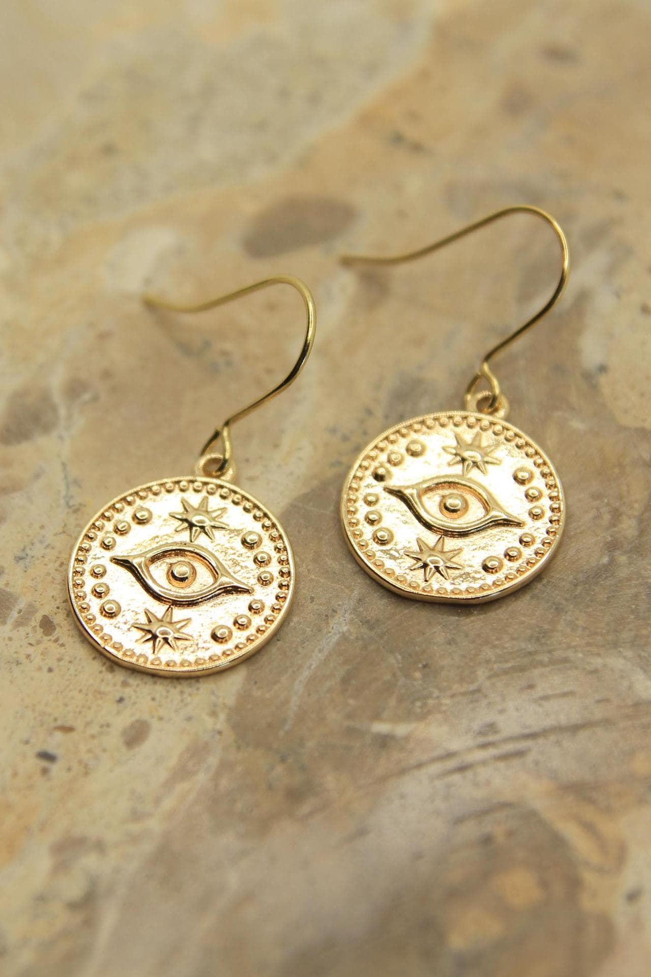 Gold Coin Dangle Earrings | Boho Eye and Star Design | Handmade Spiritual Jewellery